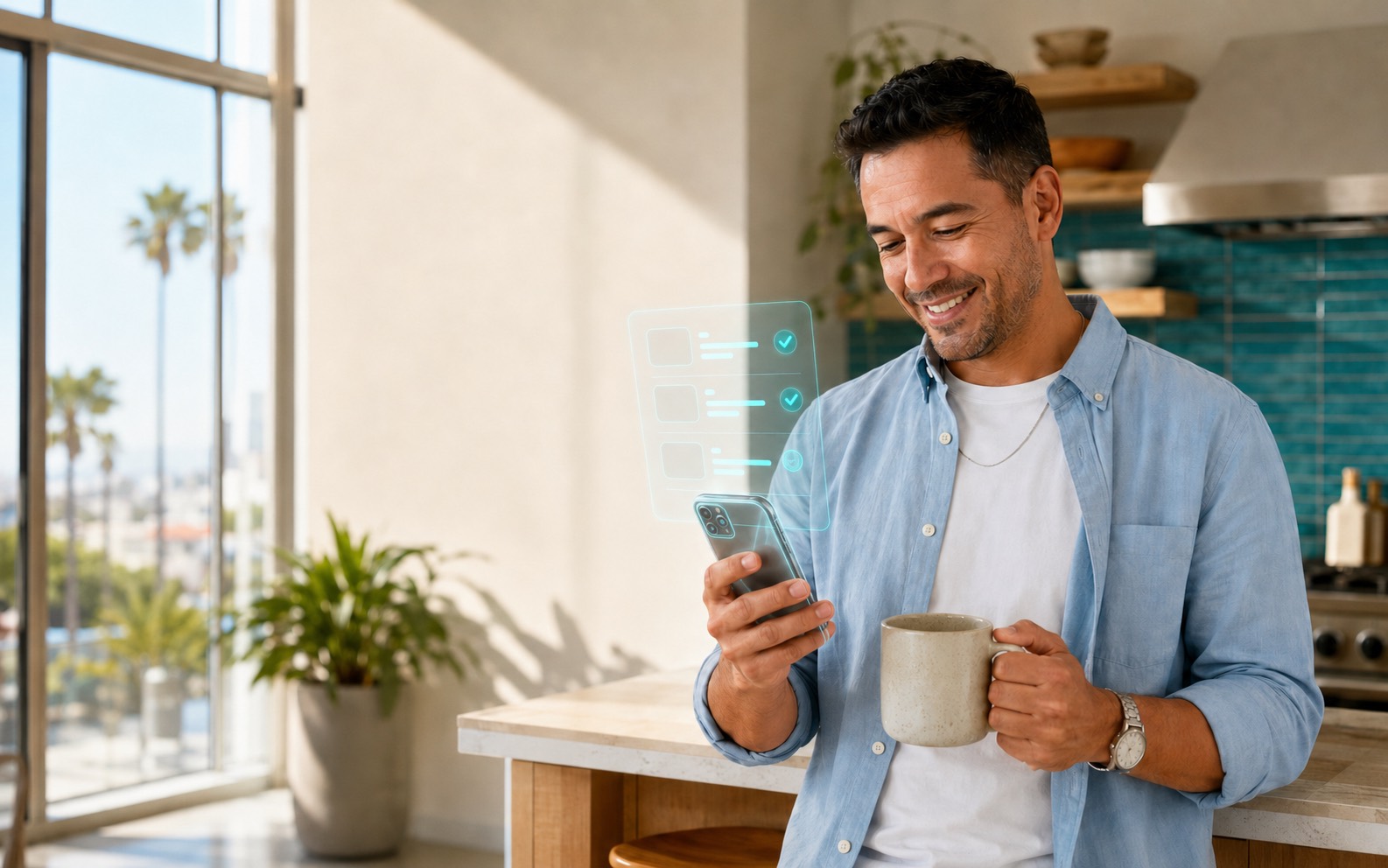 Business owner viewing a transparent appointment list emerging from his phone